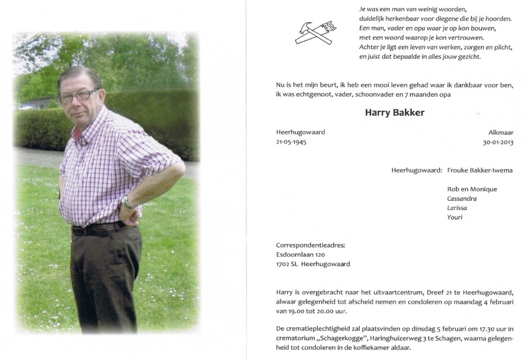Rouwkaart Harry Bakker