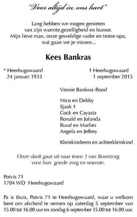 Overlijden Kees Bankras