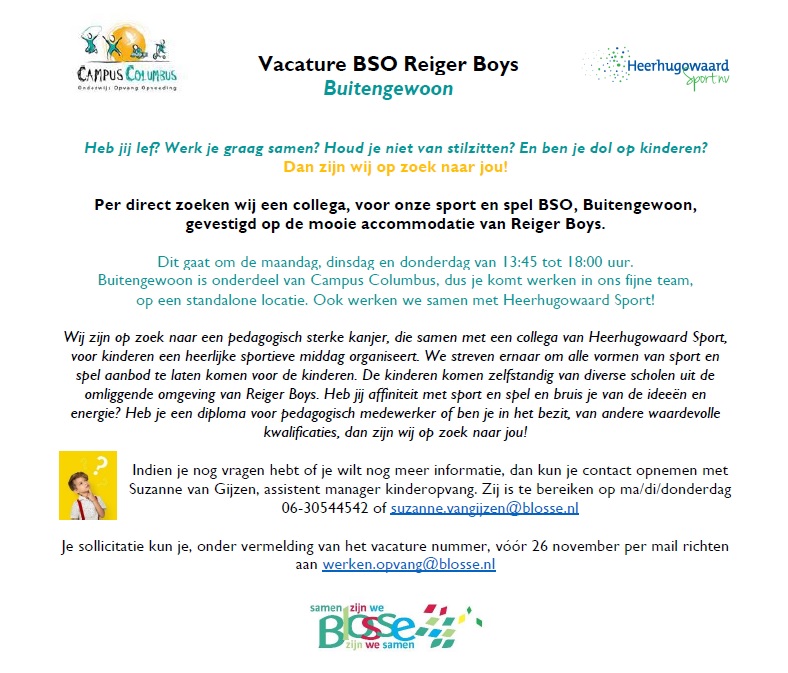 Vacature BSO Reiger Boys buitengewoon