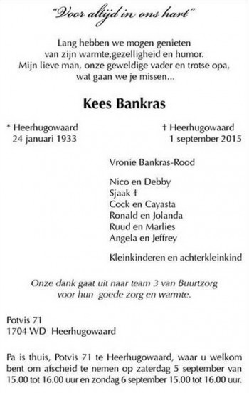 Overlijden Kees Bankras